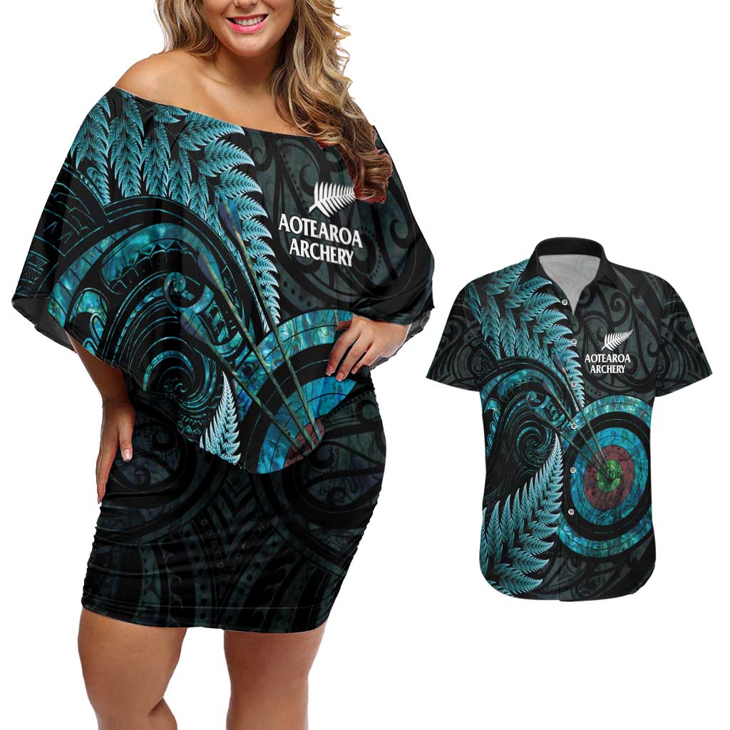 New Zealand Archery Couples Matching Off Shoulder Short Dress and Hawaiian Shirt Aotearoa Silver Fern Maori - Aussie Hoodie