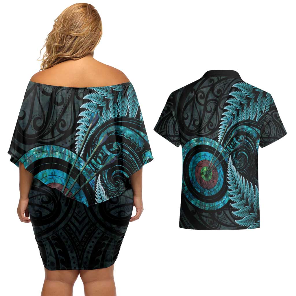New Zealand Archery Couples Matching Off Shoulder Short Dress and Hawaiian Shirt Aotearoa Silver Fern Maori - Aussie Hoodie