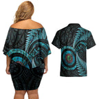 New Zealand Archery Couples Matching Off Shoulder Short Dress and Hawaiian Shirt Aotearoa Silver Fern Maori - Aussie Hoodie