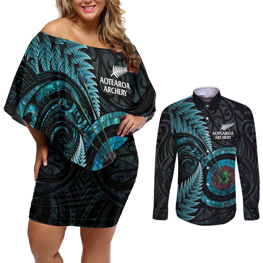 New Zealand Archery Couples Matching Off Shoulder Short Dress and Long Sleeve Button Shirt Aotearoa Silver Fern Maori - Aussie Hoodie