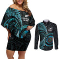 New Zealand Archery Couples Matching Off Shoulder Short Dress and Long Sleeve Button Shirt Aotearoa Silver Fern Maori - Aussie Hoodie