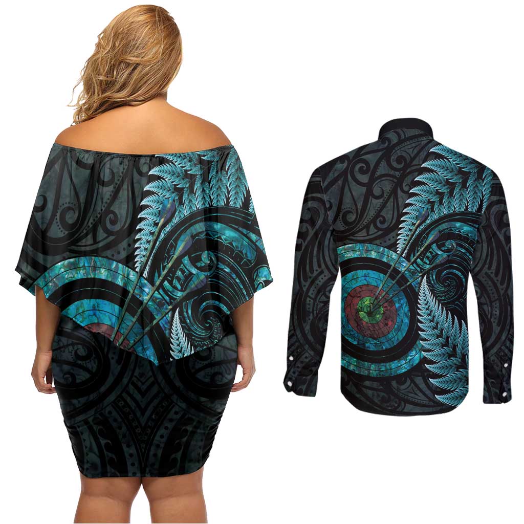 New Zealand Archery Couples Matching Off Shoulder Short Dress and Long Sleeve Button Shirt Aotearoa Silver Fern Maori - Aussie Hoodie