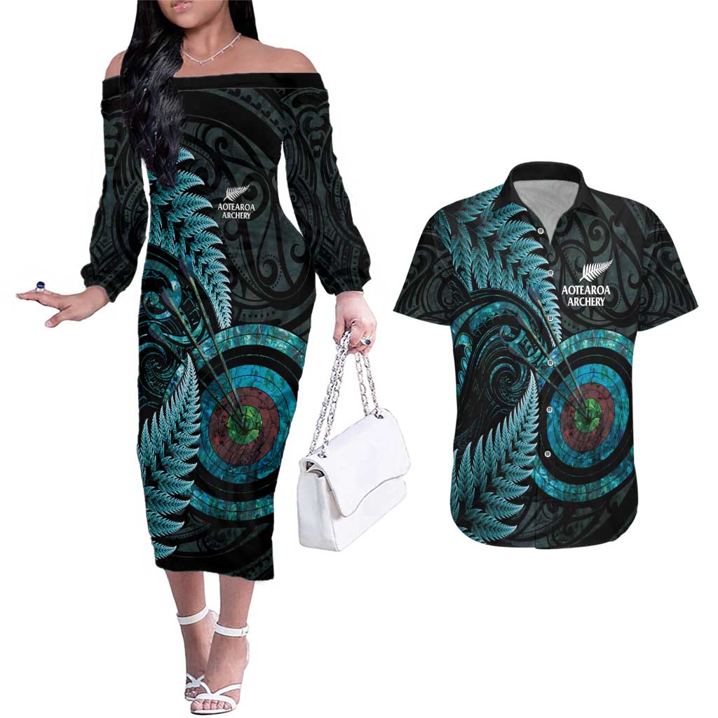 New Zealand Archery Couples Matching Off The Shoulder Long Sleeve Dress and Hawaiian Shirt Aotearoa Silver Fern Maori - Aussie Hoodie