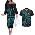 New Zealand Archery Couples Matching Off The Shoulder Long Sleeve Dress and Hawaiian Shirt Aotearoa Silver Fern Maori - Aussie Hoodie