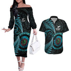 New Zealand Archery Couples Matching Off The Shoulder Long Sleeve Dress and Hawaiian Shirt Aotearoa Silver Fern Maori - Aussie Hoodie