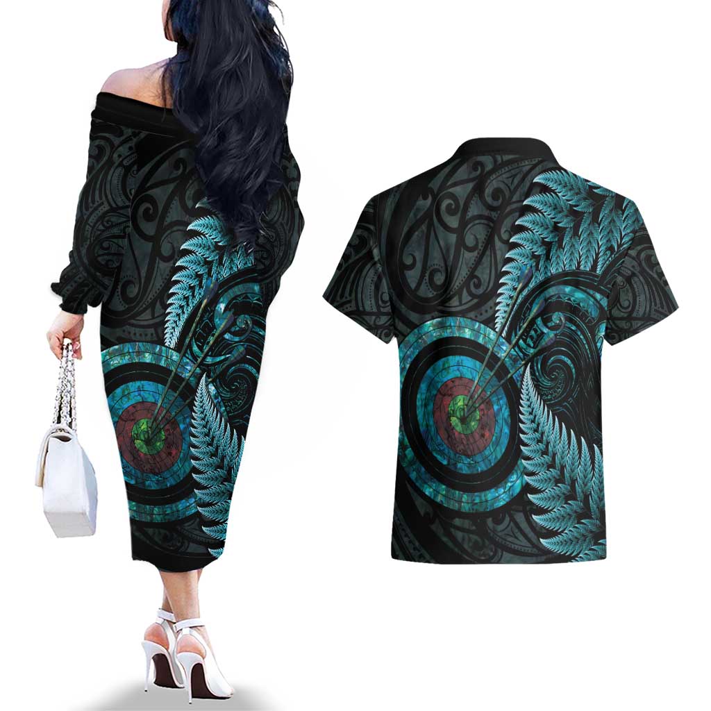 New Zealand Archery Couples Matching Off The Shoulder Long Sleeve Dress and Hawaiian Shirt Aotearoa Silver Fern Maori - Aussie Hoodie
