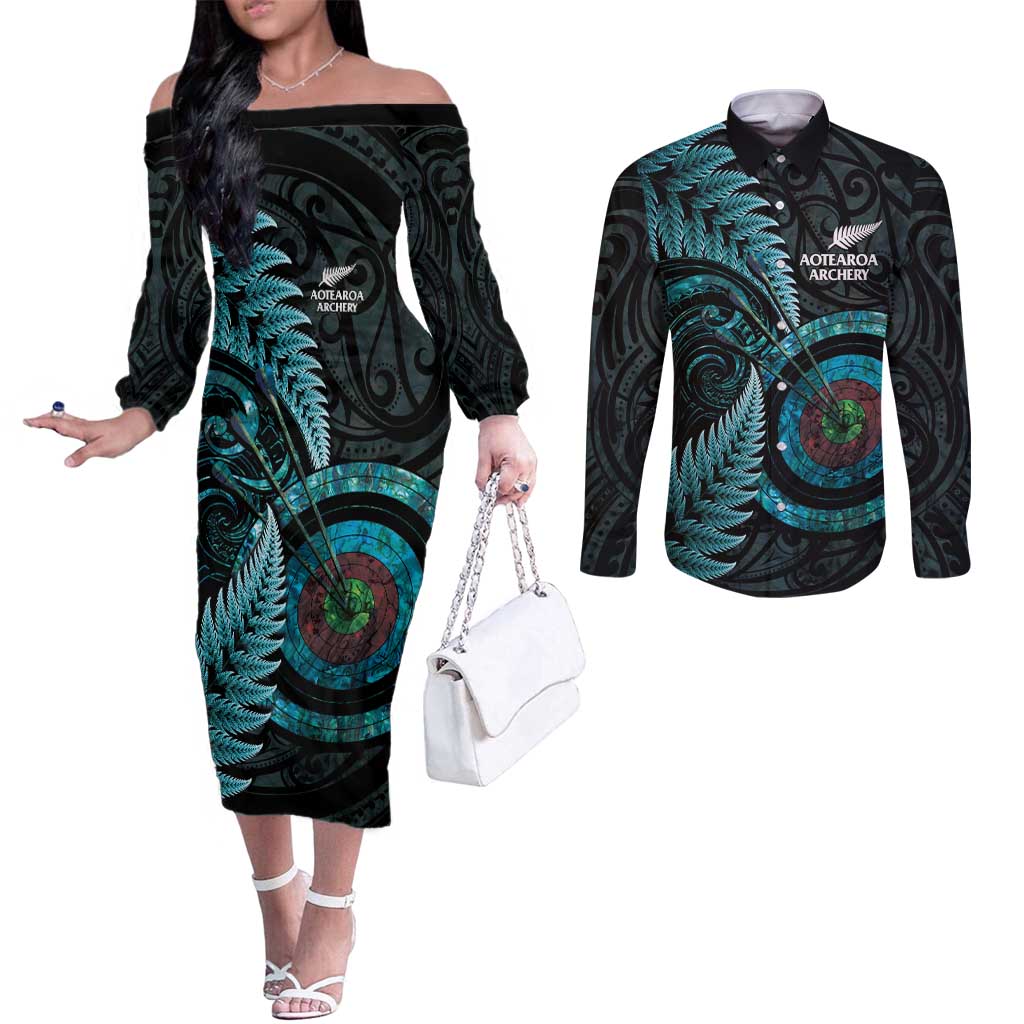 New Zealand Archery Couples Matching Off The Shoulder Long Sleeve Dress and Long Sleeve Button Shirt Aotearoa Silver Fern Maori - Aussie Hoodie
