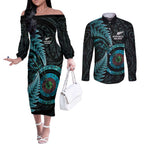 New Zealand Archery Couples Matching Off The Shoulder Long Sleeve Dress and Long Sleeve Button Shirt Aotearoa Silver Fern Maori - Aussie Hoodie