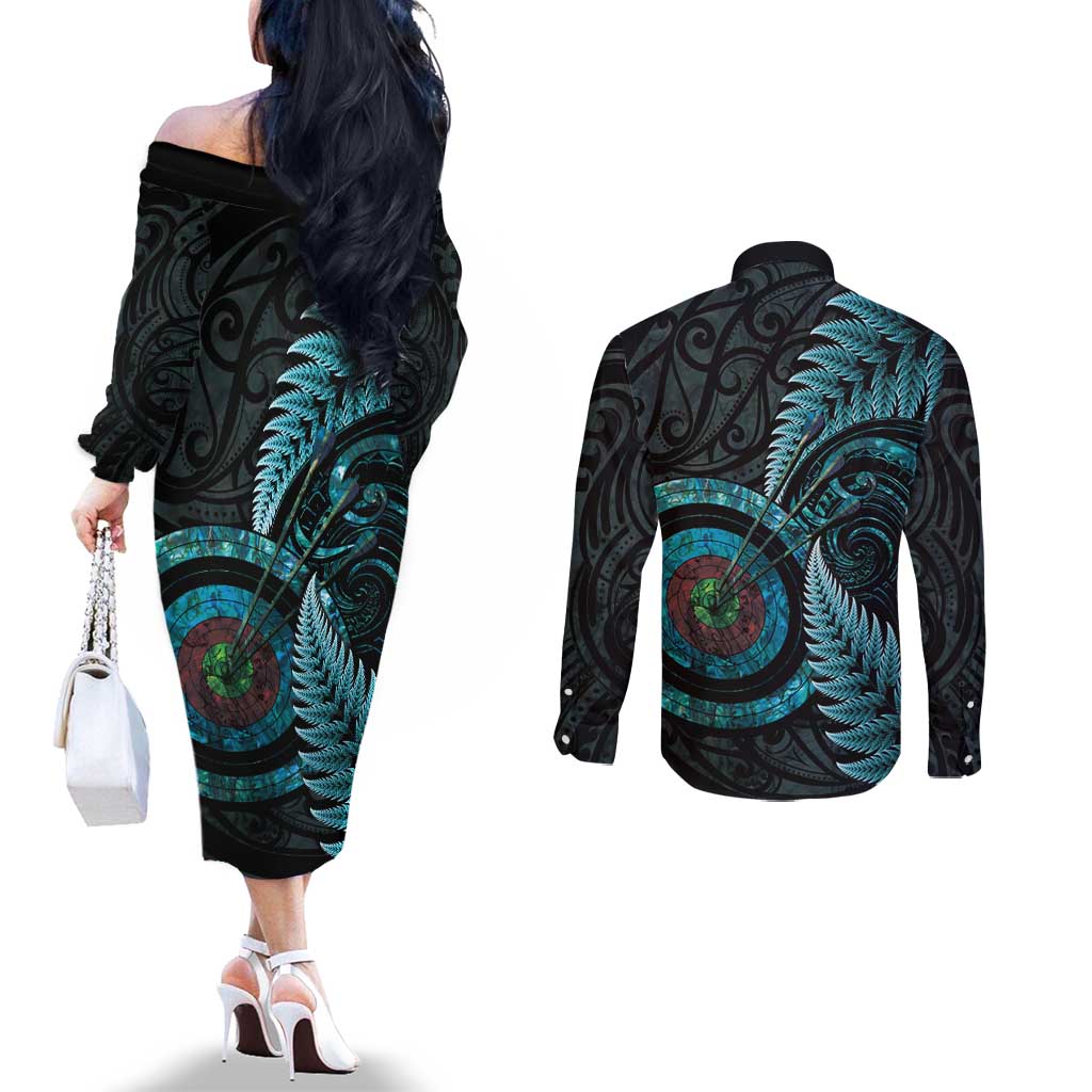 New Zealand Archery Couples Matching Off The Shoulder Long Sleeve Dress and Long Sleeve Button Shirt Aotearoa Silver Fern Maori - Aussie Hoodie