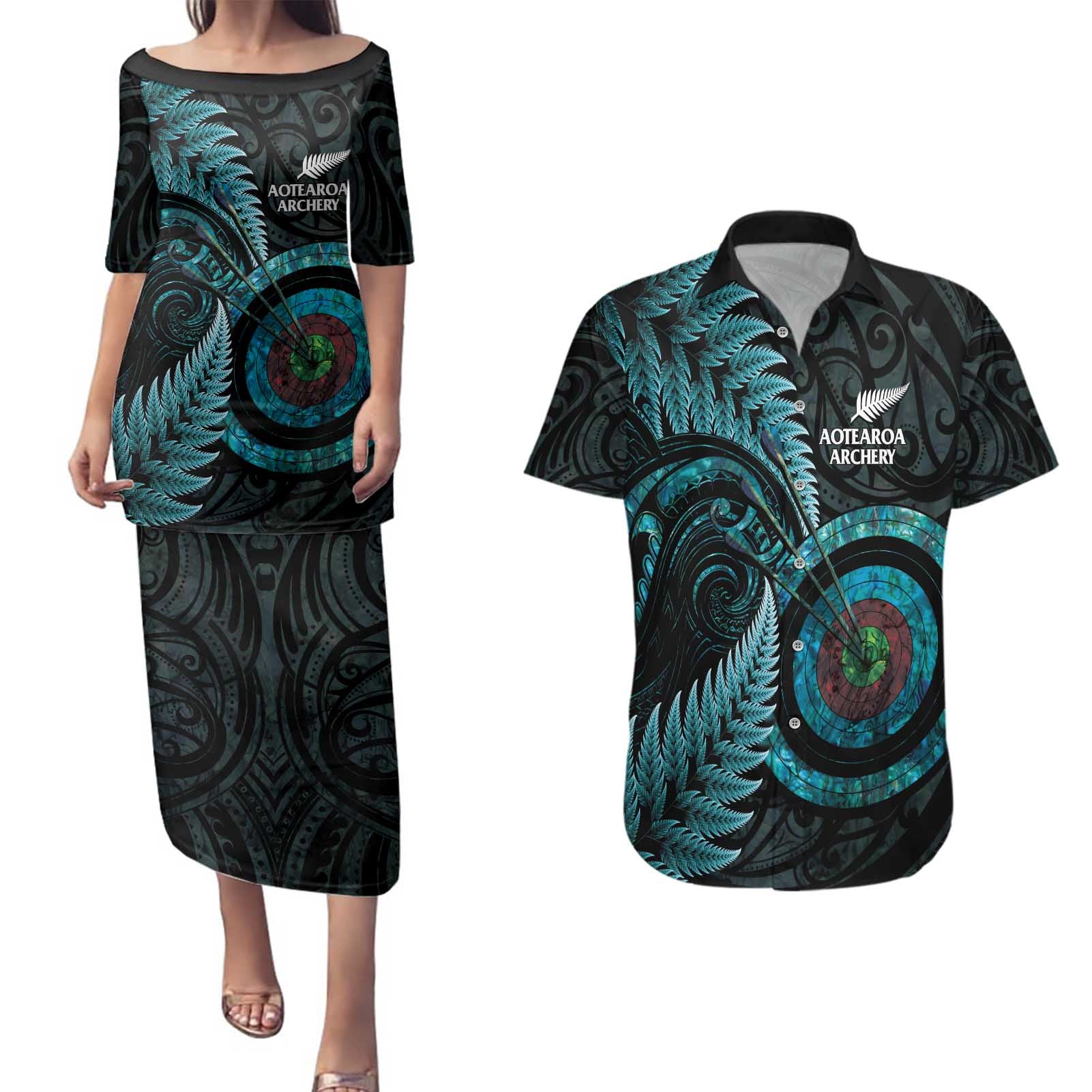 New Zealand Archery Couples Matching Puletasi and Hawaiian Shirt Aotearoa Silver Fern Maori - Aussie Hoodie