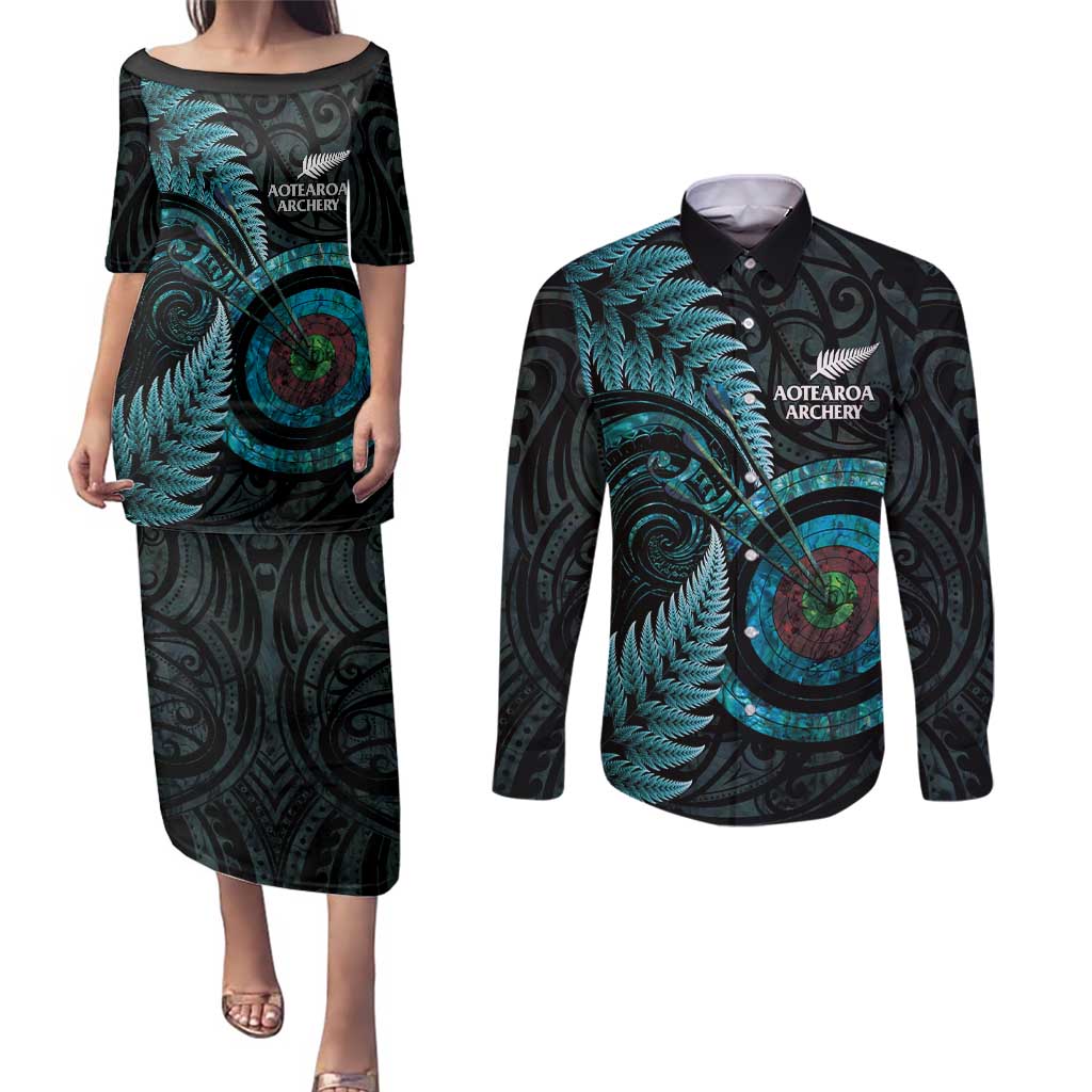 New Zealand Archery Couples Matching Puletasi and Long Sleeve Button Shirt Aotearoa Silver Fern Maori - Aussie Hoodie