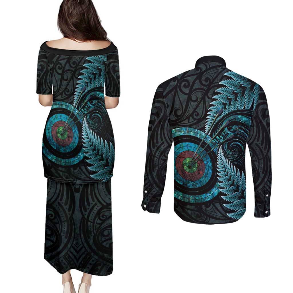 New Zealand Archery Couples Matching Puletasi and Long Sleeve Button Shirt Aotearoa Silver Fern Maori - Aussie Hoodie