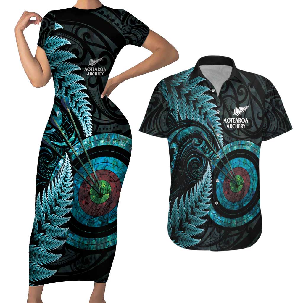 New Zealand Archery Couples Matching Short Sleeve Bodycon Dress and Hawaiian Shirt Aotearoa Silver Fern Maori - Aussie Hoodie