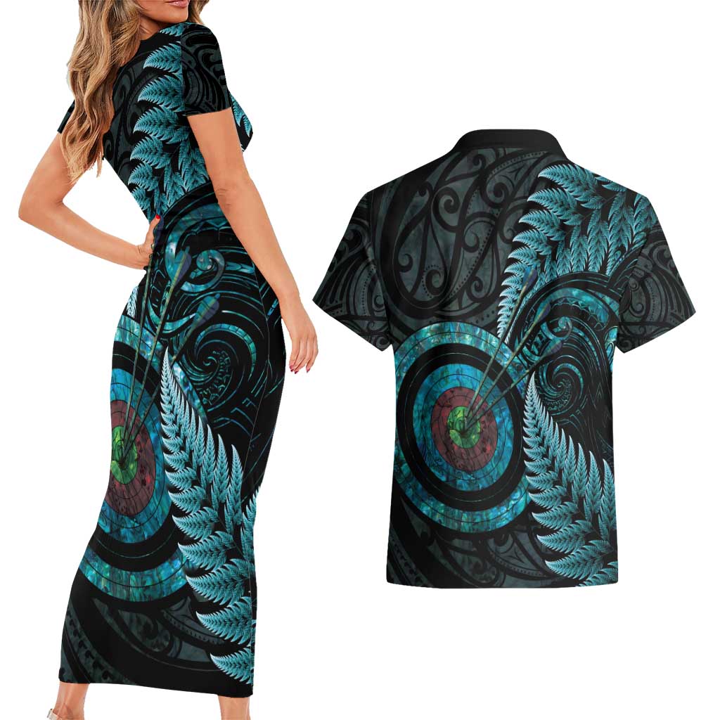 New Zealand Archery Couples Matching Short Sleeve Bodycon Dress and Hawaiian Shirt Aotearoa Silver Fern Maori - Aussie Hoodie