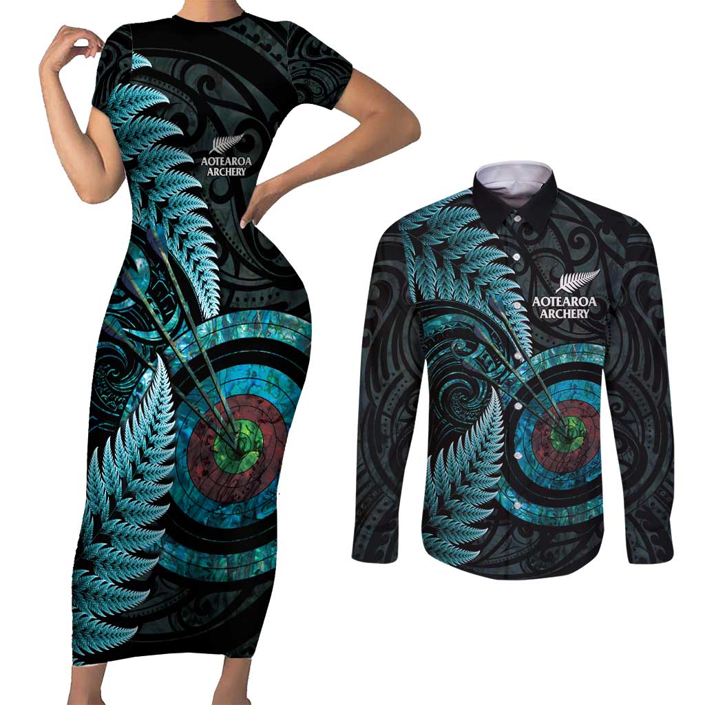 New Zealand Archery Couples Matching Short Sleeve Bodycon Dress and Long Sleeve Button Shirt Aotearoa Silver Fern Maori - Aussie Hoodie