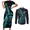 New Zealand Archery Couples Matching Short Sleeve Bodycon Dress and Long Sleeve Button Shirt Aotearoa Silver Fern Maori - Aussie Hoodie