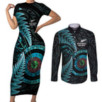 New Zealand Archery Couples Matching Short Sleeve Bodycon Dress and Long Sleeve Button Shirt Aotearoa Silver Fern Maori - Aussie Hoodie