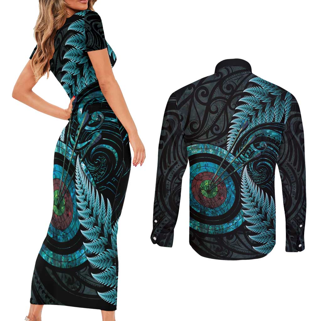 New Zealand Archery Couples Matching Short Sleeve Bodycon Dress and Long Sleeve Button Shirt Aotearoa Silver Fern Maori - Aussie Hoodie