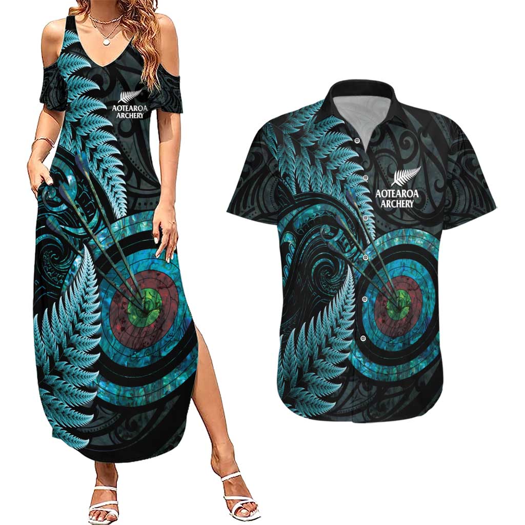 New Zealand Archery Couples Matching Summer Maxi Dress and Hawaiian Shirt Aotearoa Silver Fern Maori - Aussie Hoodie