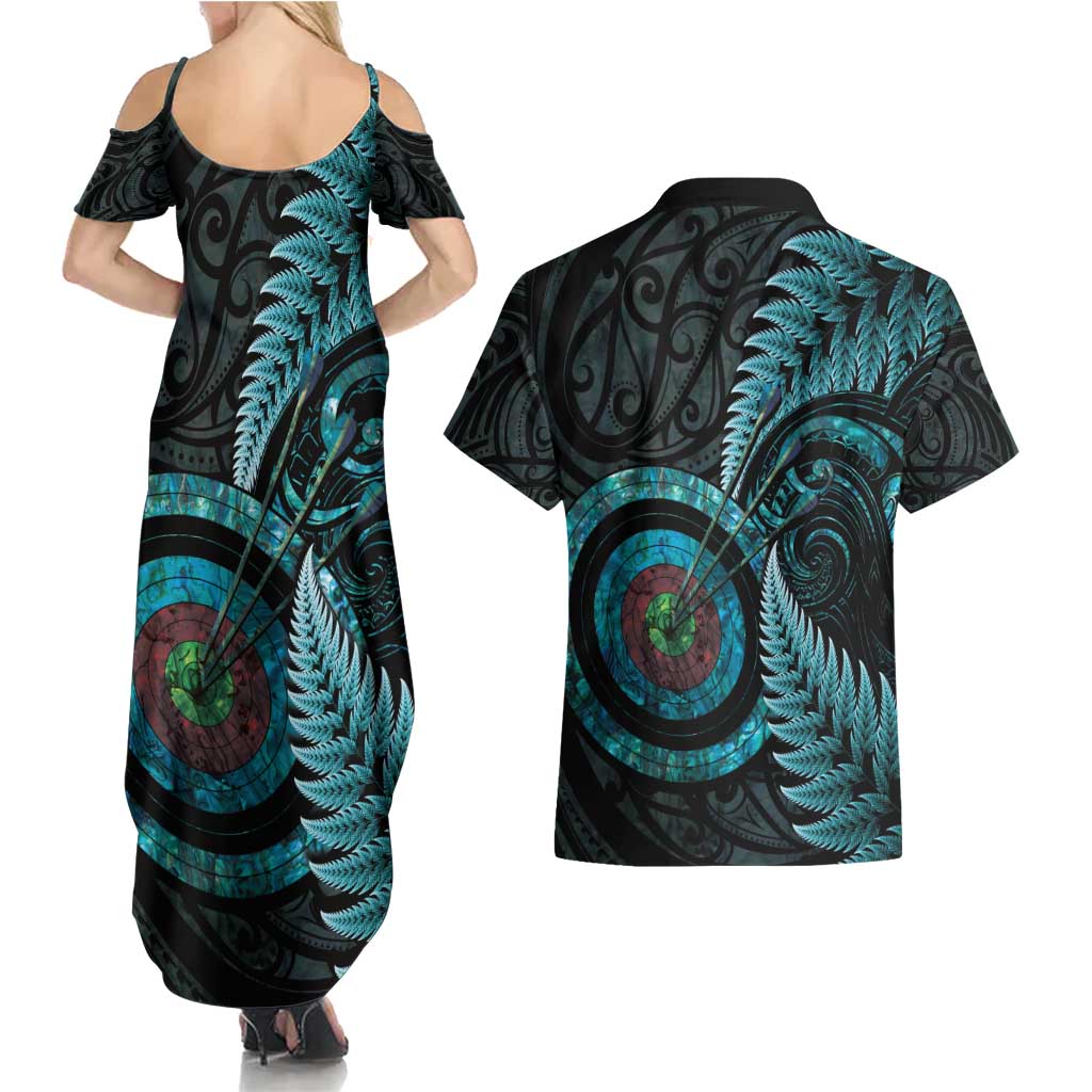 New Zealand Archery Couples Matching Summer Maxi Dress and Hawaiian Shirt Aotearoa Silver Fern Maori - Aussie Hoodie