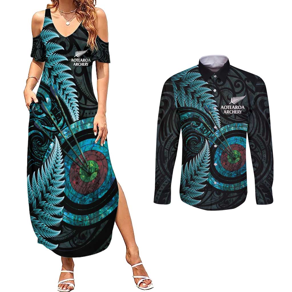 New Zealand Archery Couples Matching Summer Maxi Dress and Long Sleeve Button Shirt Aotearoa Silver Fern Maori - Aussie Hoodie