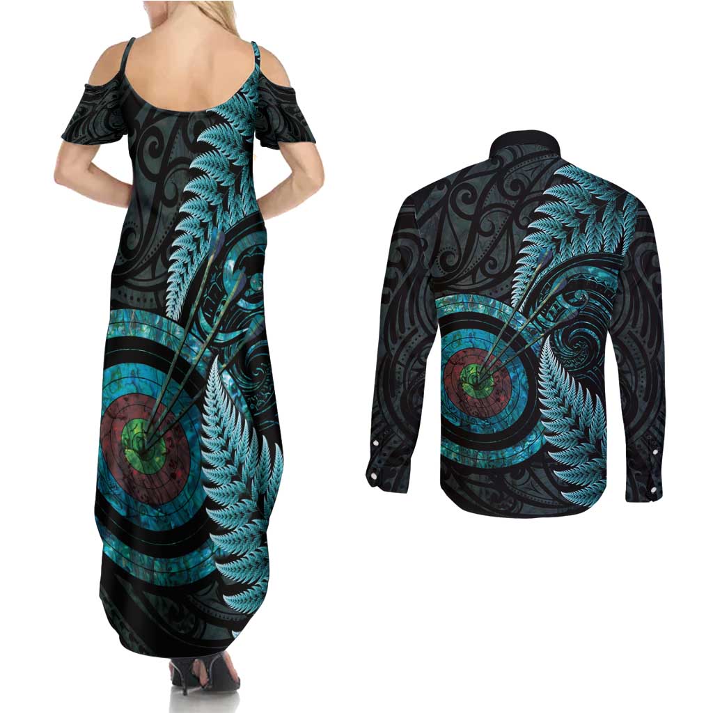 New Zealand Archery Couples Matching Summer Maxi Dress and Long Sleeve Button Shirt Aotearoa Silver Fern Maori - Aussie Hoodie
