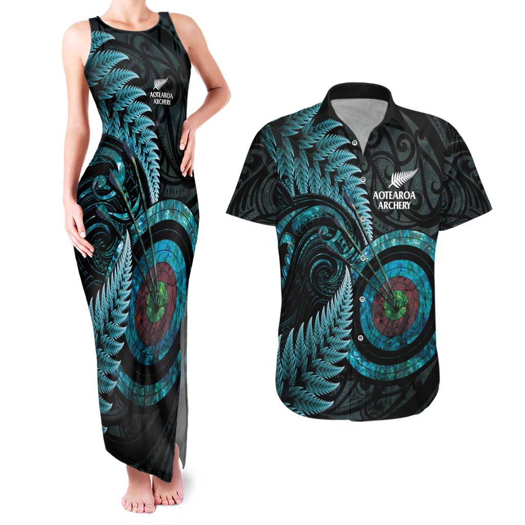 New Zealand Archery Couples Matching Tank Maxi Dress and Hawaiian Shirt Aotearoa Silver Fern Maori - Aussie Hoodie