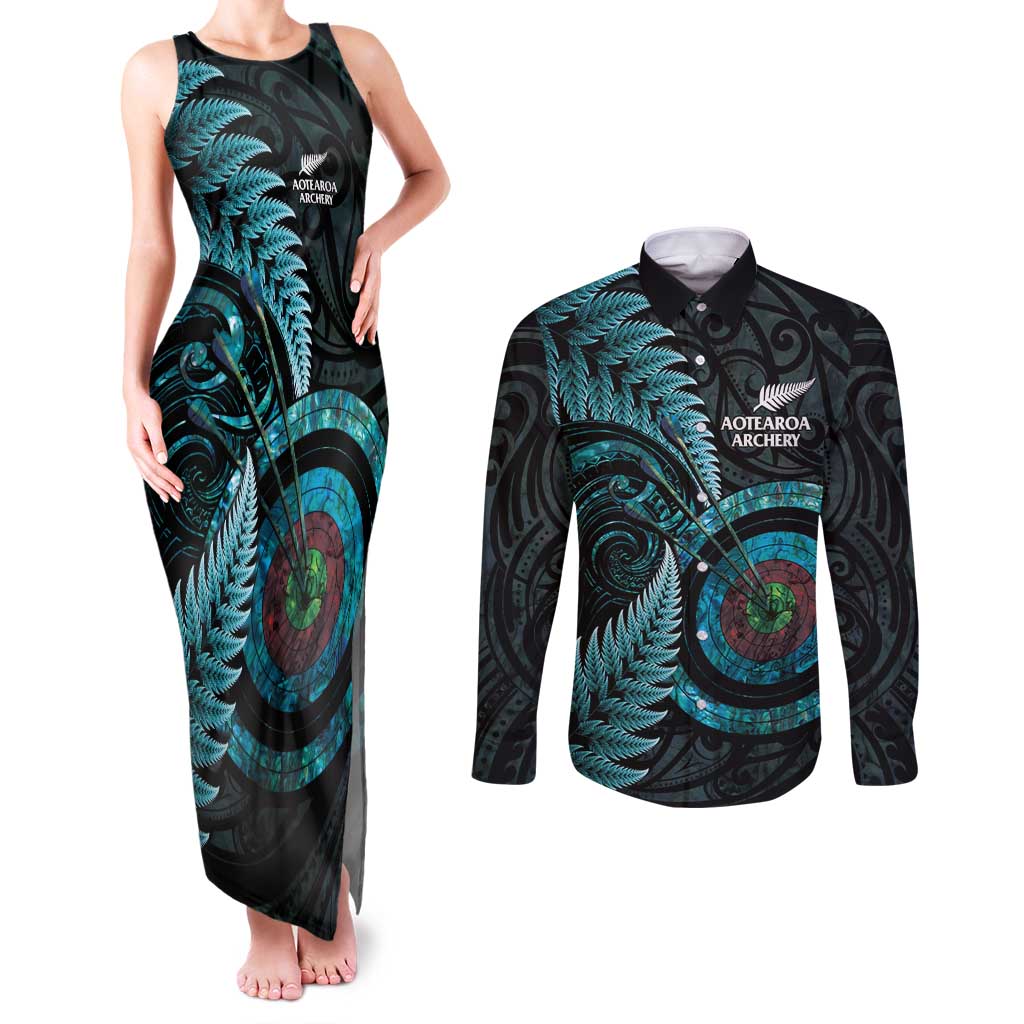 New Zealand Archery Couples Matching Tank Maxi Dress and Long Sleeve Button Shirt Aotearoa Silver Fern Maori - Aussie Hoodie