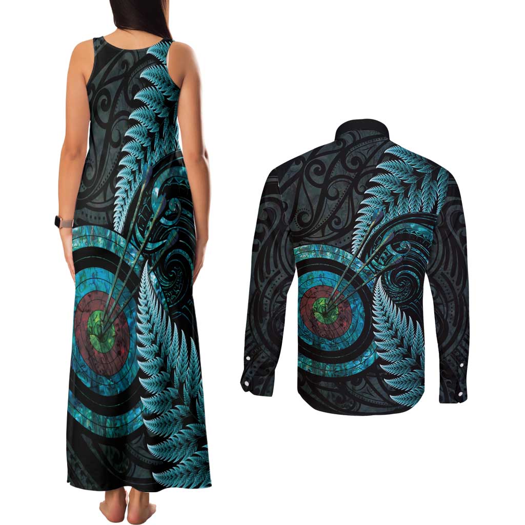 New Zealand Archery Couples Matching Tank Maxi Dress and Long Sleeve Button Shirt Aotearoa Silver Fern Maori - Aussie Hoodie