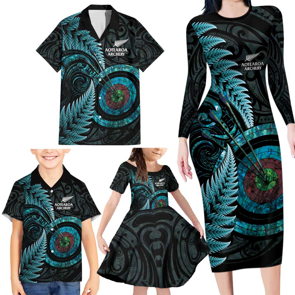 New Zealand Archery Family Matching Long Sleeve Bodycon Dress and Hawaiian Shirt Aotearoa Silver Fern Maori - Aussie Hoodie
