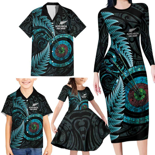 New Zealand Archery Family Matching Long Sleeve Bodycon Dress and Hawaiian Shirt Aotearoa Silver Fern Maori - Aussie Hoodie