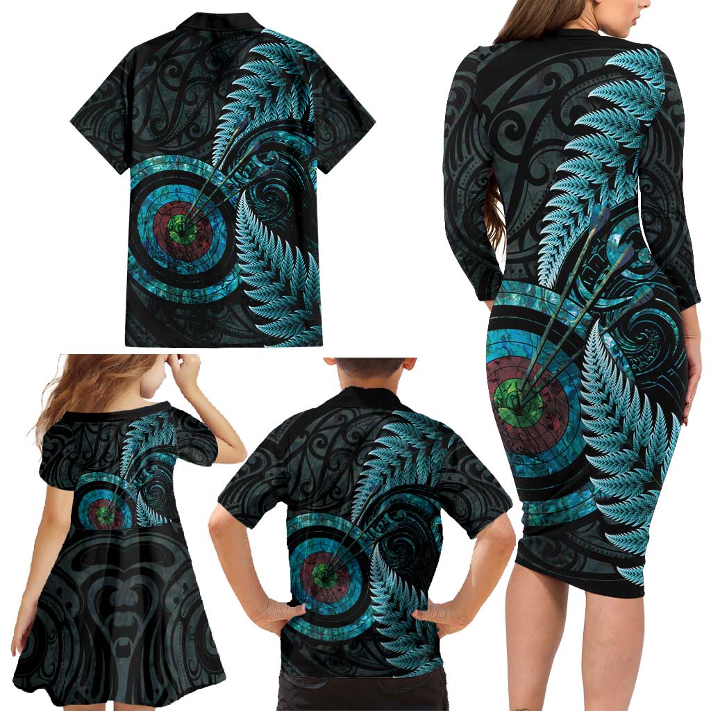 New Zealand Archery Family Matching Long Sleeve Bodycon Dress and Hawaiian Shirt Aotearoa Silver Fern Maori - Aussie Hoodie