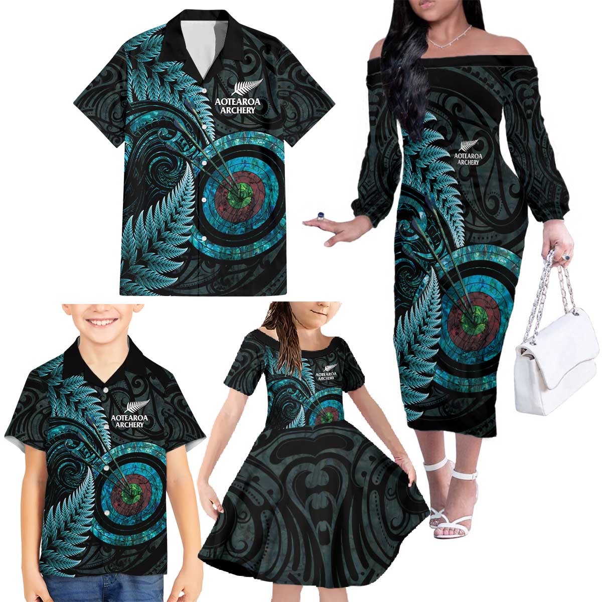 New Zealand Archery Family Matching Off The Shoulder Long Sleeve Dress and Hawaiian Shirt Aotearoa Silver Fern Maori - Aussie Hoodie