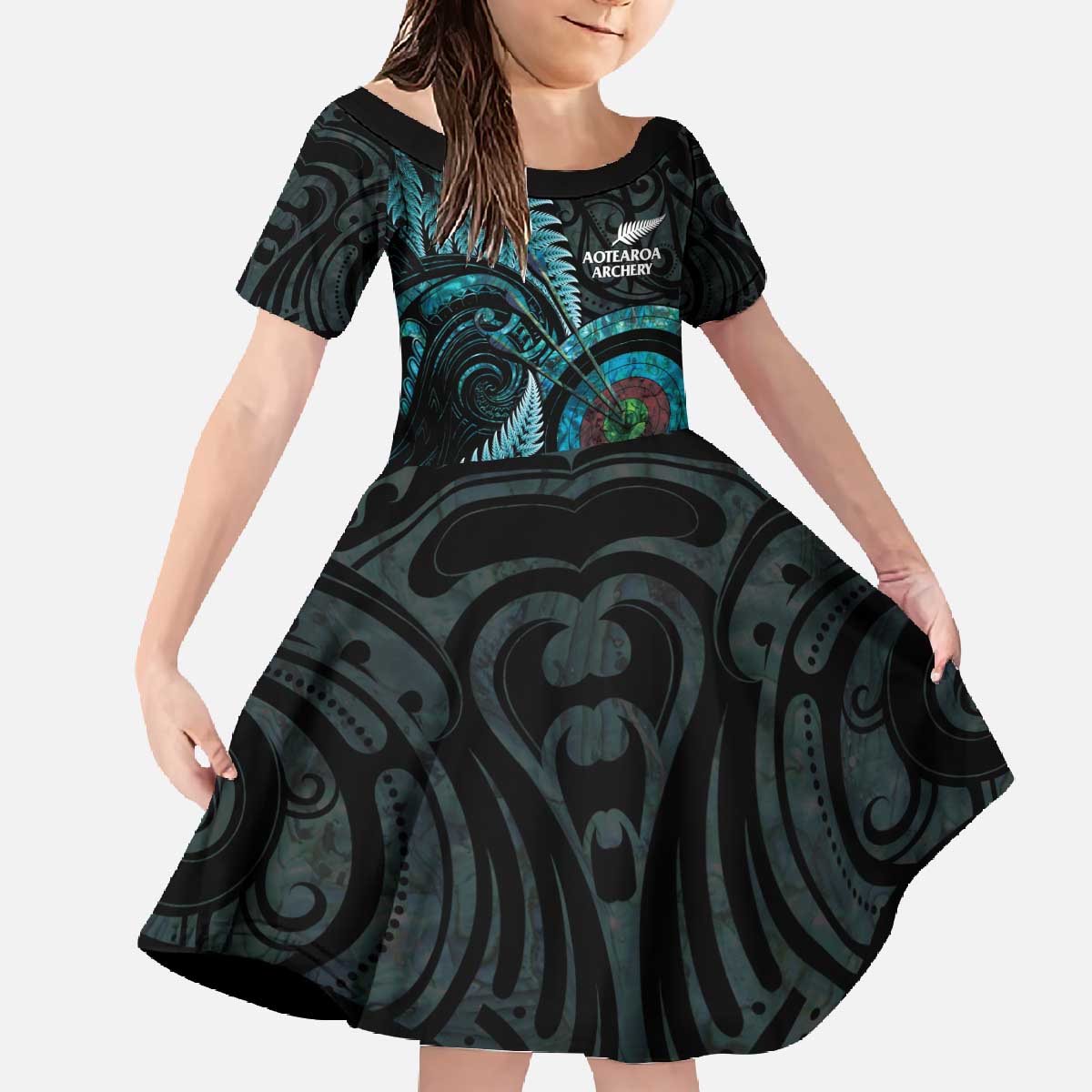 New Zealand Archery Family Matching Off The Shoulder Long Sleeve Dress and Hawaiian Shirt Aotearoa Silver Fern Maori - Aussie Hoodie