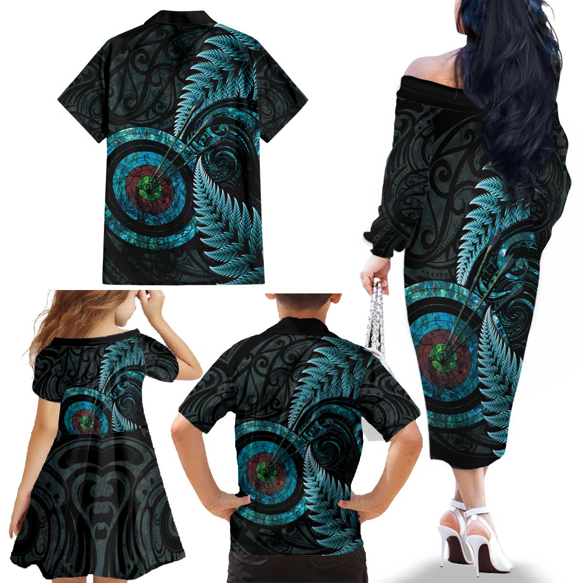 New Zealand Archery Family Matching Off The Shoulder Long Sleeve Dress and Hawaiian Shirt Aotearoa Silver Fern Maori - Aussie Hoodie
