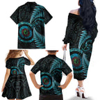 New Zealand Archery Family Matching Off The Shoulder Long Sleeve Dress and Hawaiian Shirt Aotearoa Silver Fern Maori - Aussie Hoodie