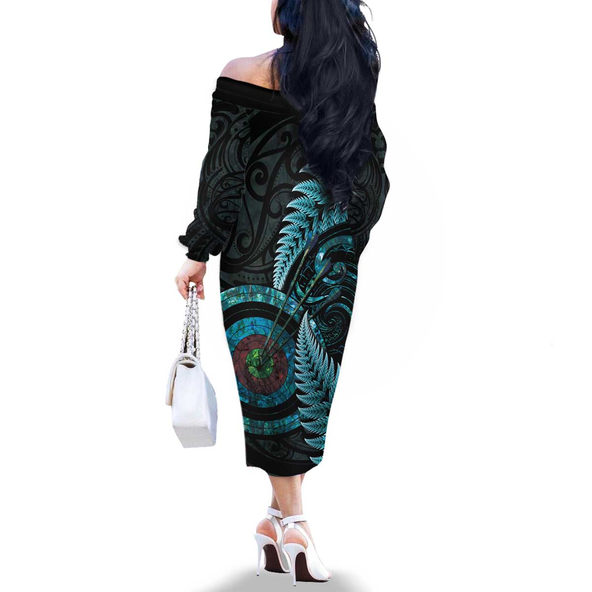 New Zealand Archery Family Matching Off The Shoulder Long Sleeve Dress and Hawaiian Shirt Aotearoa Silver Fern Maori - Aussie Hoodie