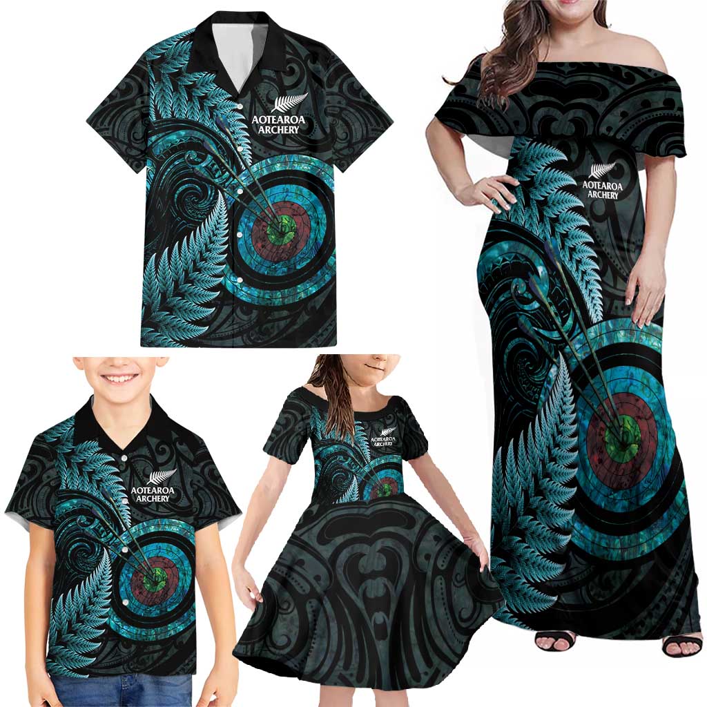 New Zealand Archery Family Matching Off Shoulder Maxi Dress and Hawaiian Shirt Aotearoa Silver Fern Maori - Aussie Hoodie