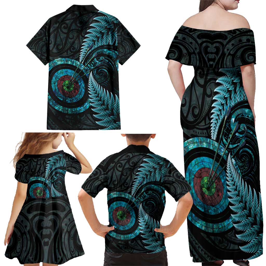 New Zealand Archery Family Matching Off Shoulder Maxi Dress and Hawaiian Shirt Aotearoa Silver Fern Maori - Aussie Hoodie