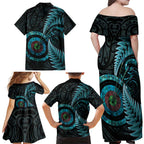 New Zealand Archery Family Matching Off Shoulder Maxi Dress and Hawaiian Shirt Aotearoa Silver Fern Maori - Aussie Hoodie