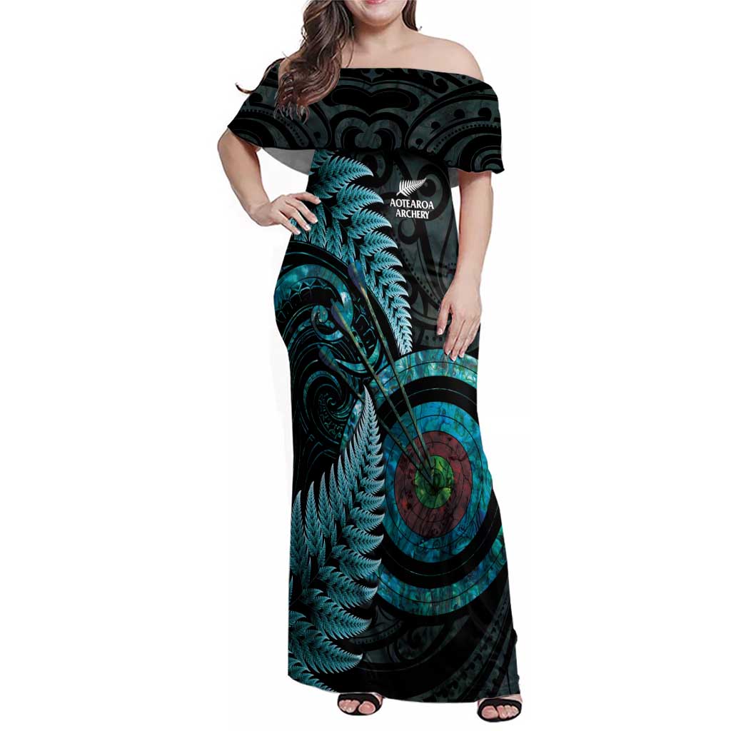 New Zealand Archery Family Matching Off Shoulder Maxi Dress and Hawaiian Shirt Aotearoa Silver Fern Maori - Aussie Hoodie