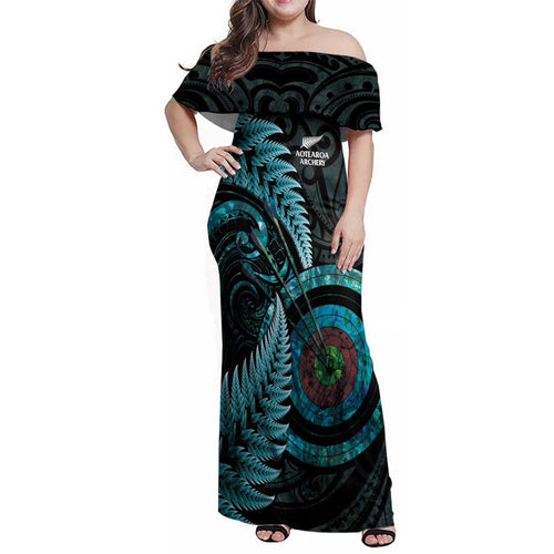 New Zealand Archery Family Matching Off Shoulder Maxi Dress and Hawaiian Shirt Aotearoa Silver Fern Maori - Aussie Hoodie