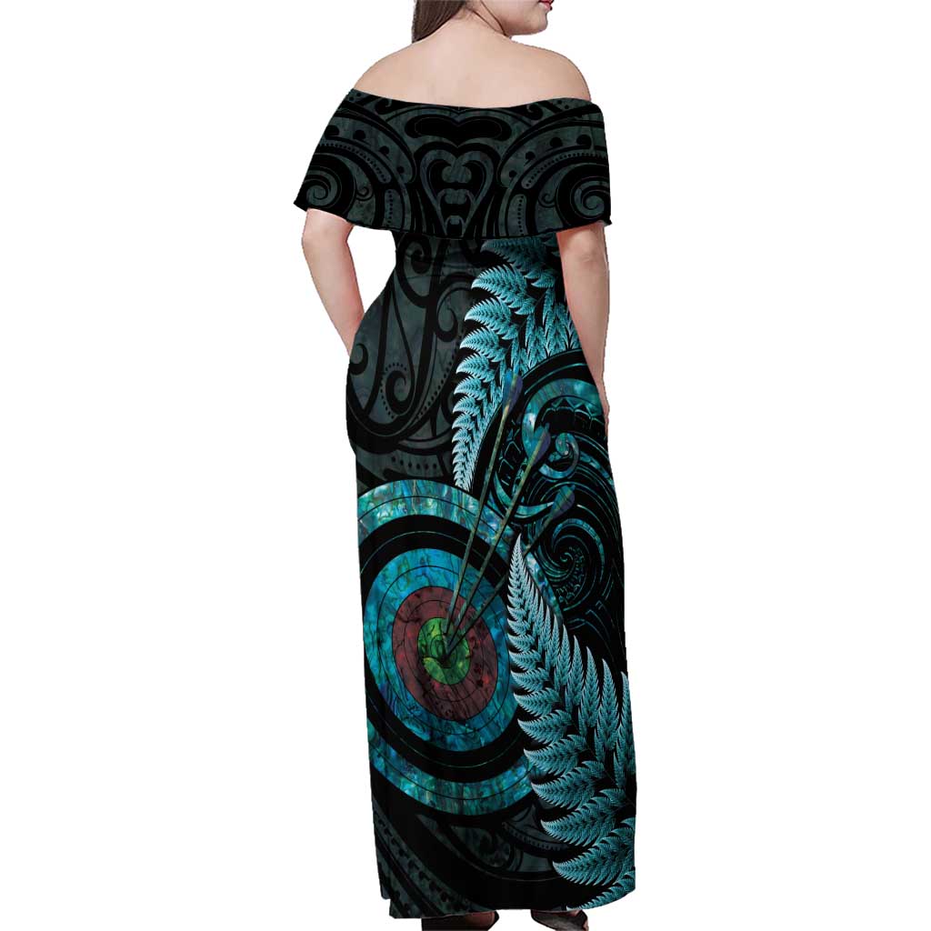 New Zealand Archery Family Matching Off Shoulder Maxi Dress and Hawaiian Shirt Aotearoa Silver Fern Maori - Aussie Hoodie