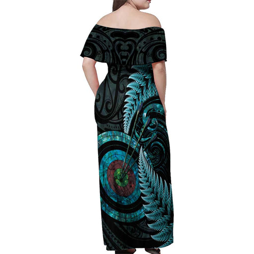 New Zealand Archery Family Matching Off Shoulder Maxi Dress and Hawaiian Shirt Aotearoa Silver Fern Maori - Aussie Hoodie