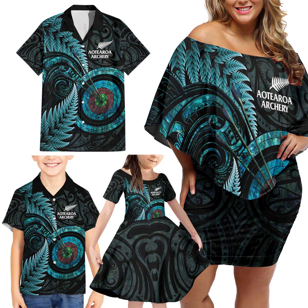 New Zealand Archery Family Matching Off Shoulder Short Dress and Hawaiian Shirt Aotearoa Silver Fern Maori - Aussie Hoodie