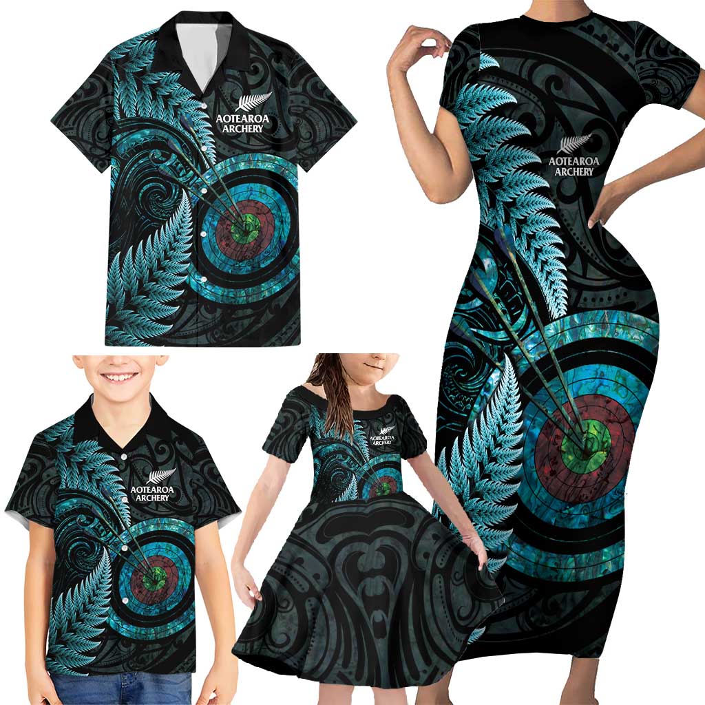 New Zealand Archery Family Matching Short Sleeve Bodycon Dress and Hawaiian Shirt Aotearoa Silver Fern Maori - Aussie Hoodie