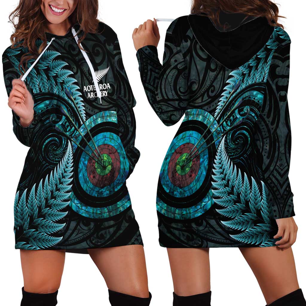 New Zealand Archery Hoodie Dress Aotearoa Silver Fern Maori - Aussie Hoodie