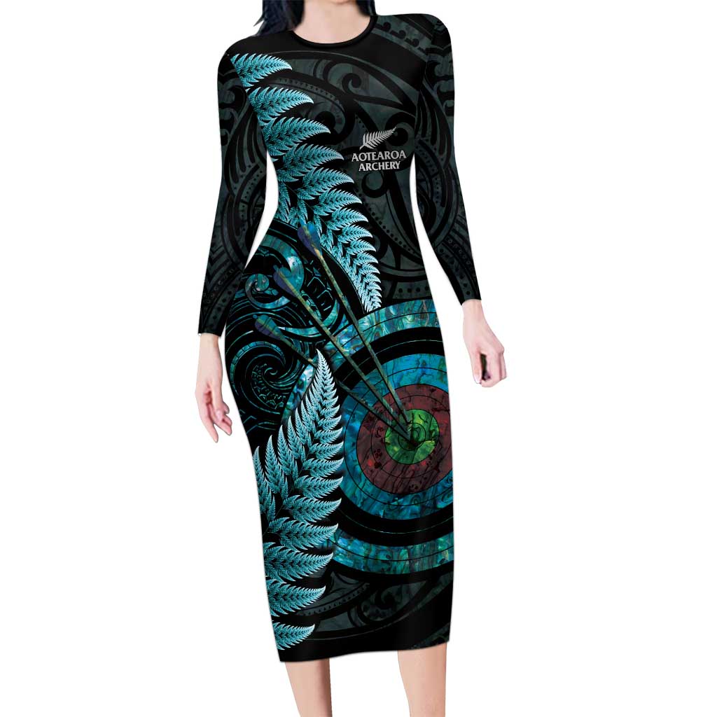 New Zealand Archery Long Sleeve Bodycon Dress Aotearoa Silver Fern Maori - Aussie Hoodie