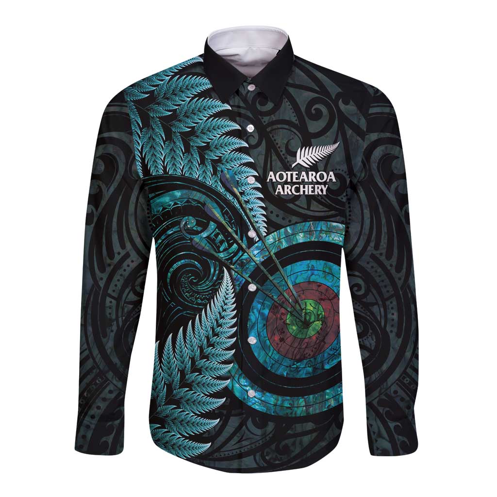 New Zealand Archery Long Sleeve Button Shirt Aotearoa Silver Fern Maori - Aussie Hoodie