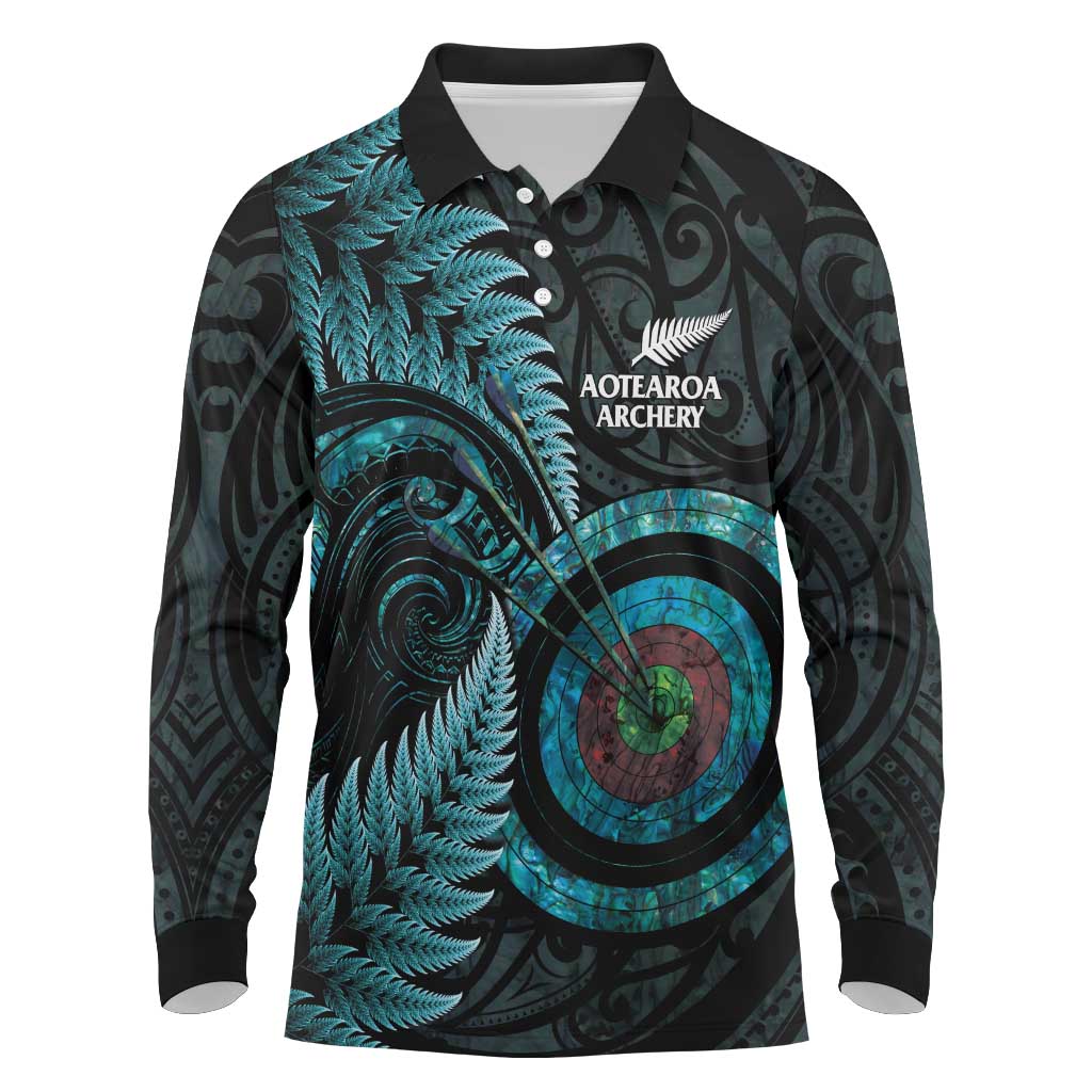 New Zealand Archery Long Sleeve Polo Shirt Aotearoa Silver Fern Maori - Aussie Hoodie